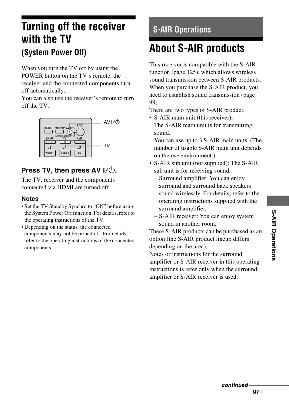 S-air operations, About s-air products, Turning off the receiver with the tv | System power off), Press tv, then press av ?/1 | Sony STR-DN1000 User Manual | Page 97 / 136