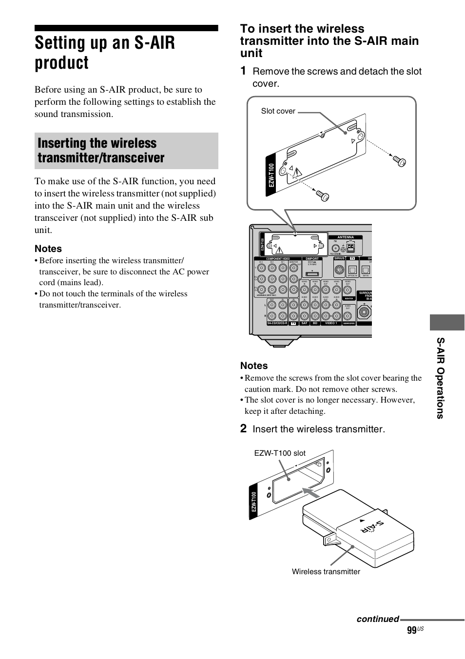 Setting up an s-air product, Inserting the wireless transmitter/transceiver, S-ai r oper at ions | Insert the wireless transmitter, Continued, Slot cover, Wireless transmitter ezw-t100 slot | Sony STR-DN1000 User Manual | Page 99 / 136