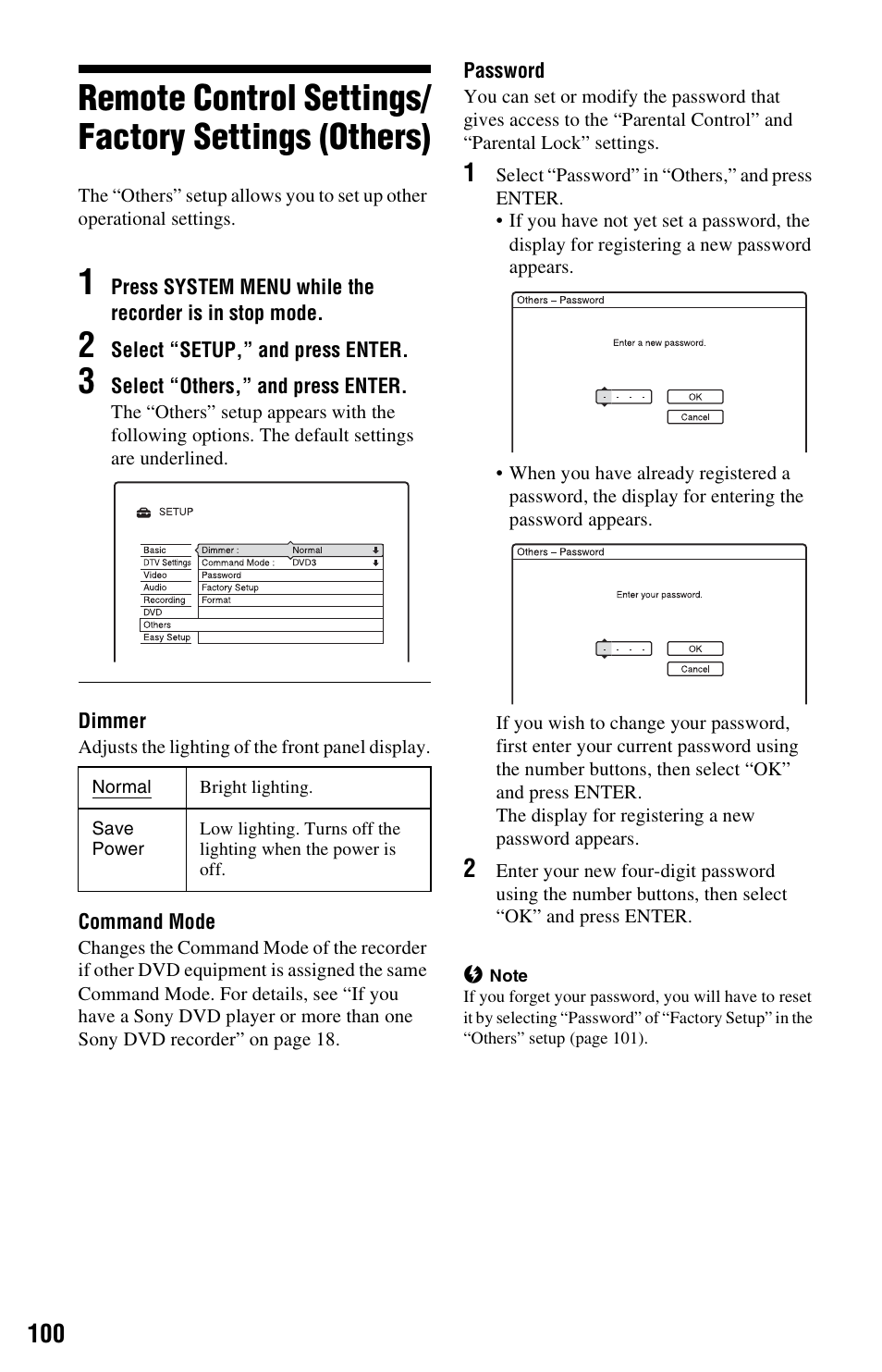 Remote control settings/factory settings (others), Remote control settings/ factory settings (others) | Sony RDR-HXD562 User Manual | Page 100 / 120