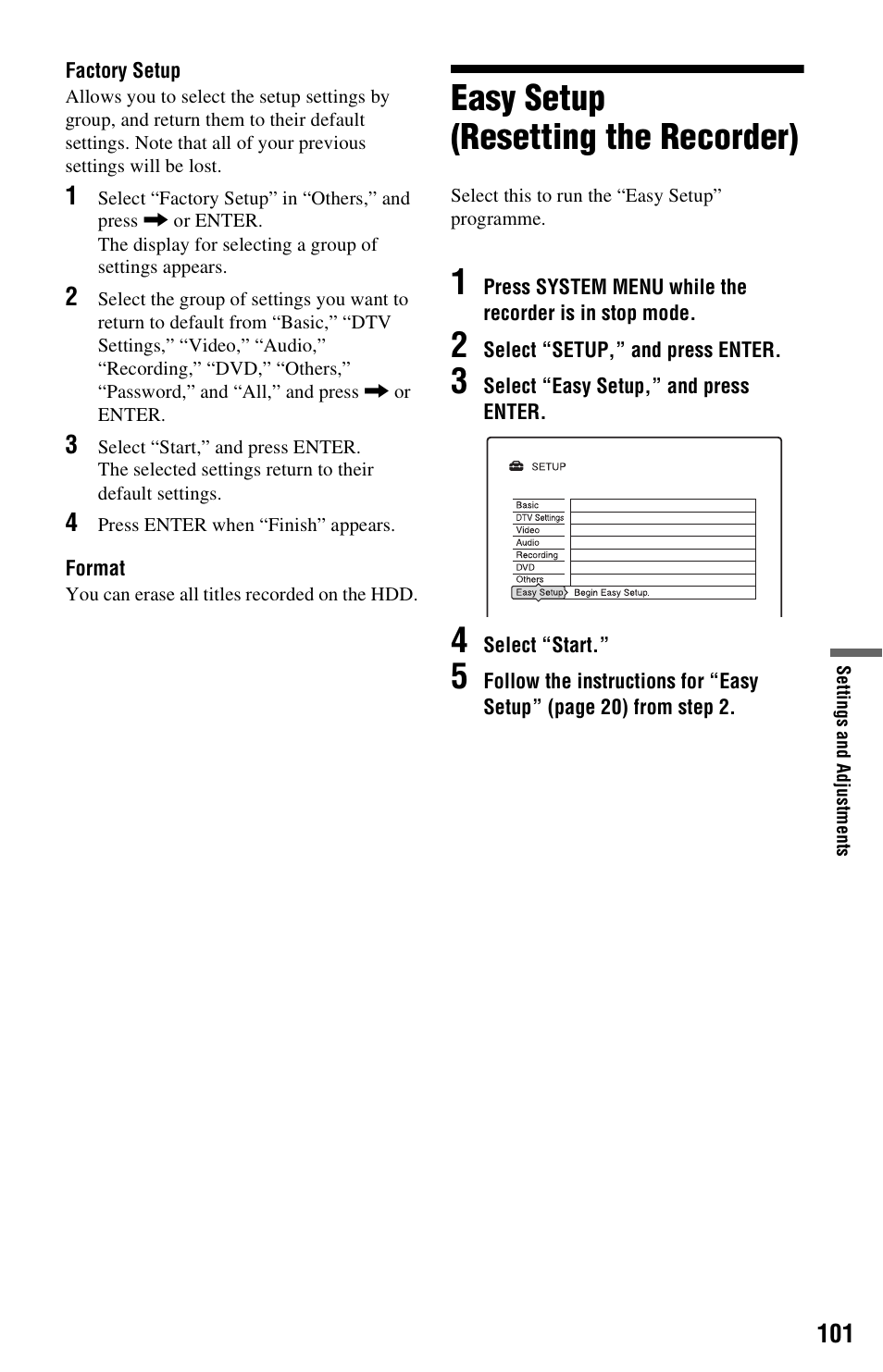 Easy setup (resetting the recorder) | Sony RDR-HXD562 User Manual | Page 101 / 120