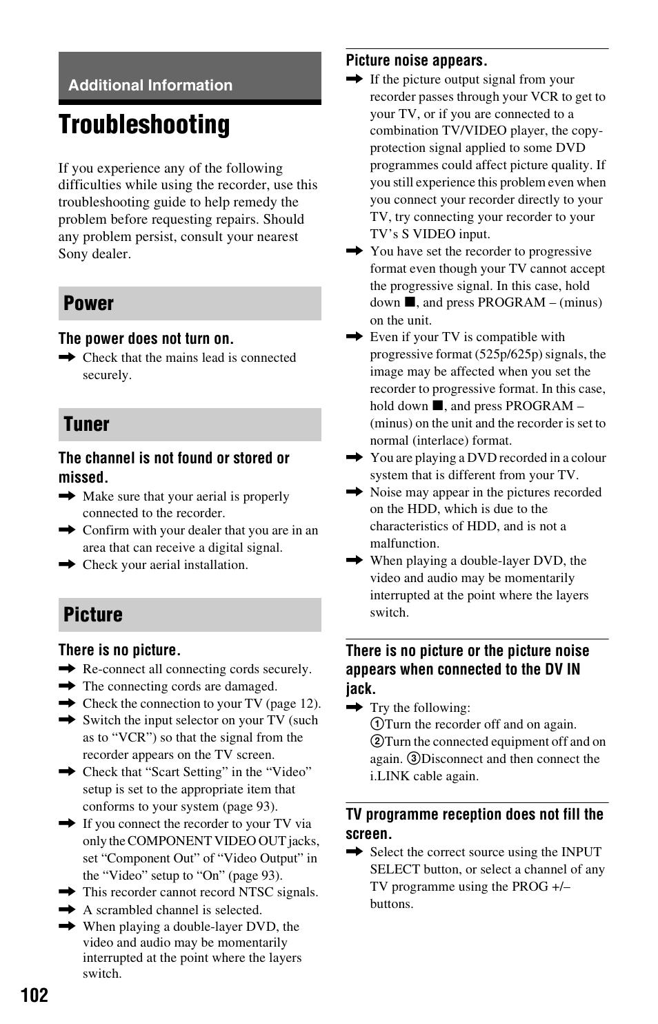 Additional information, Troubleshooting, Power tuner picture | Sony RDR-HXD562 User Manual | Page 102 / 120