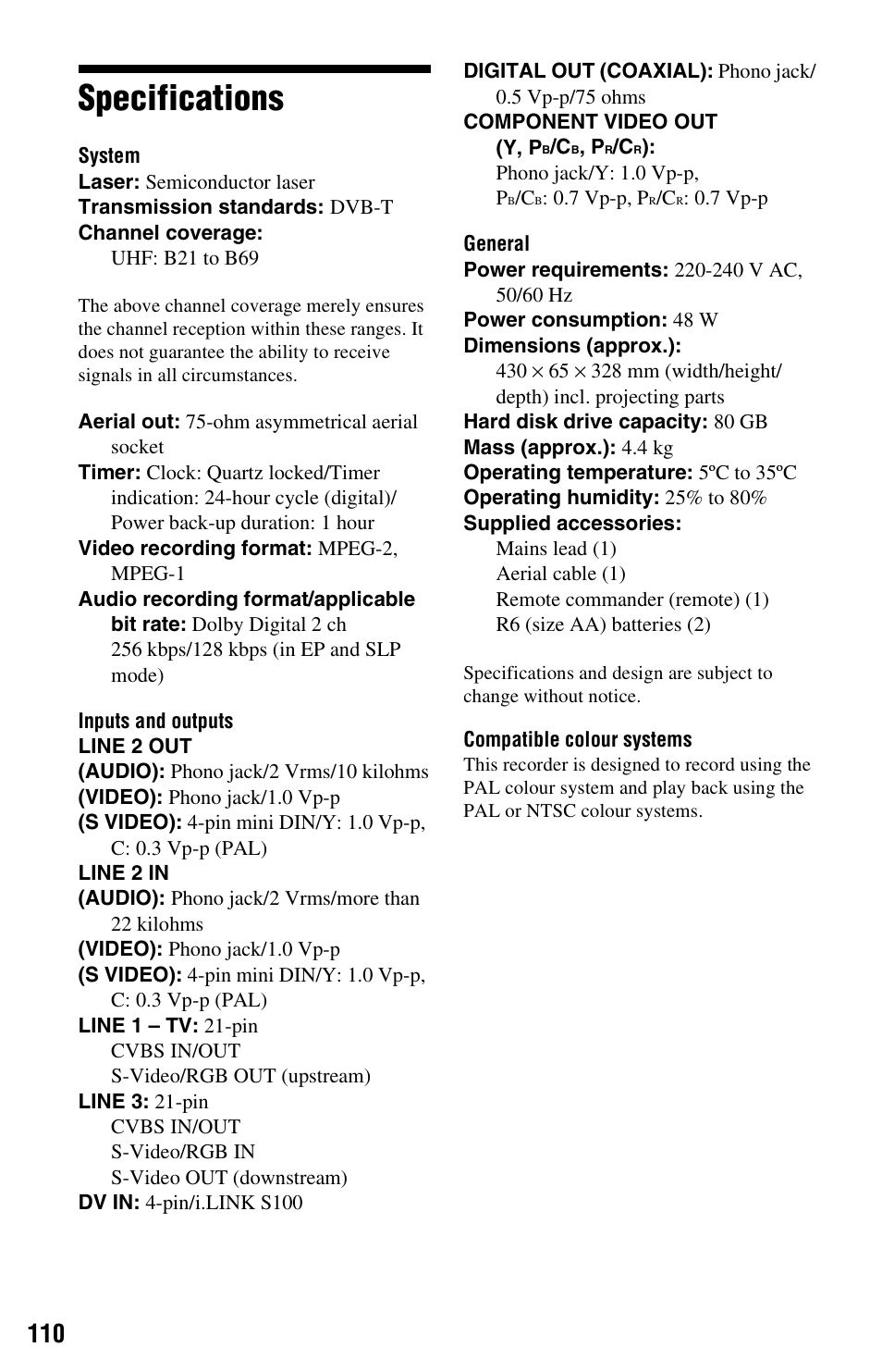 Specifications | Sony RDR-HXD562 User Manual | Page 110 / 120