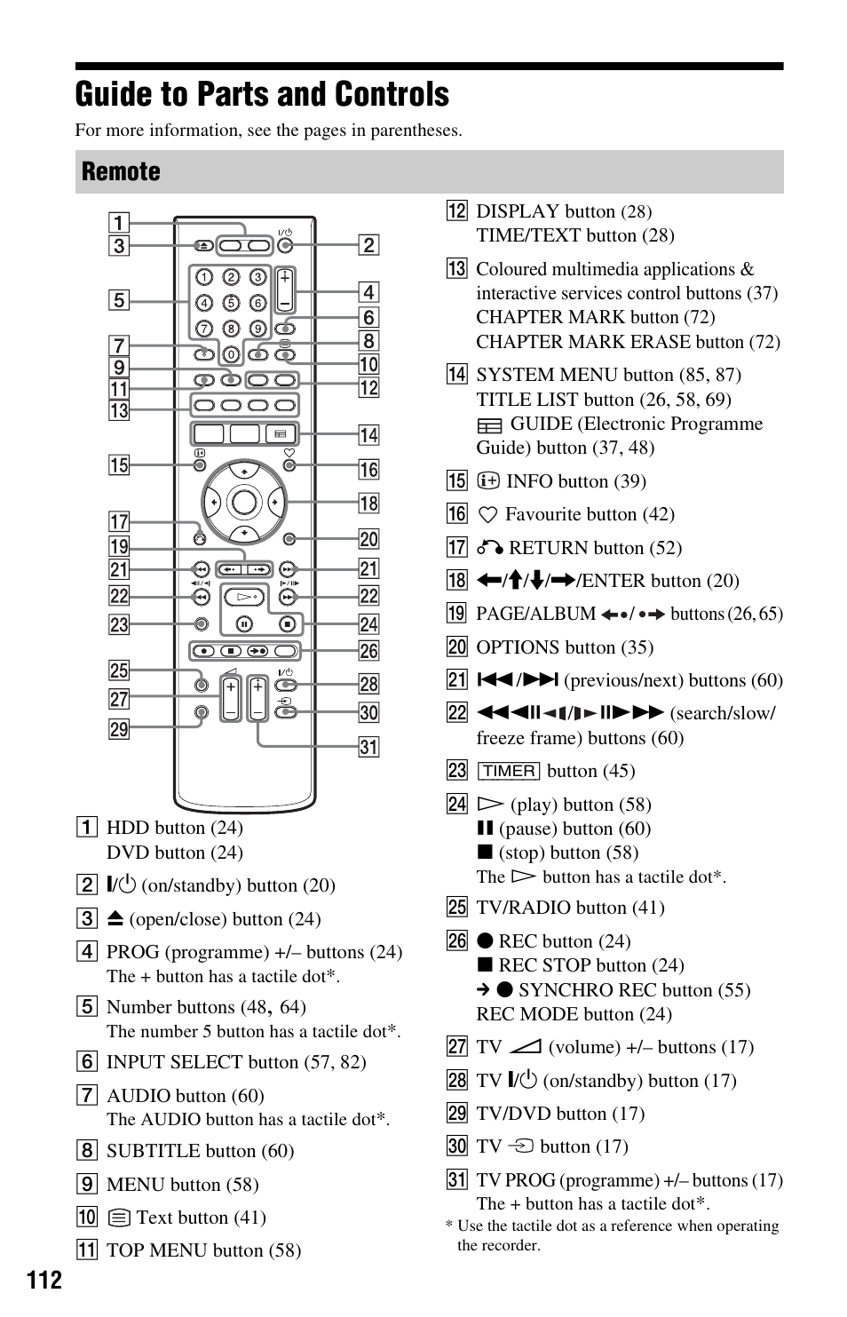 Guide to parts and controls, Remote | Sony RDR-HXD562 User Manual | Page 112 / 120