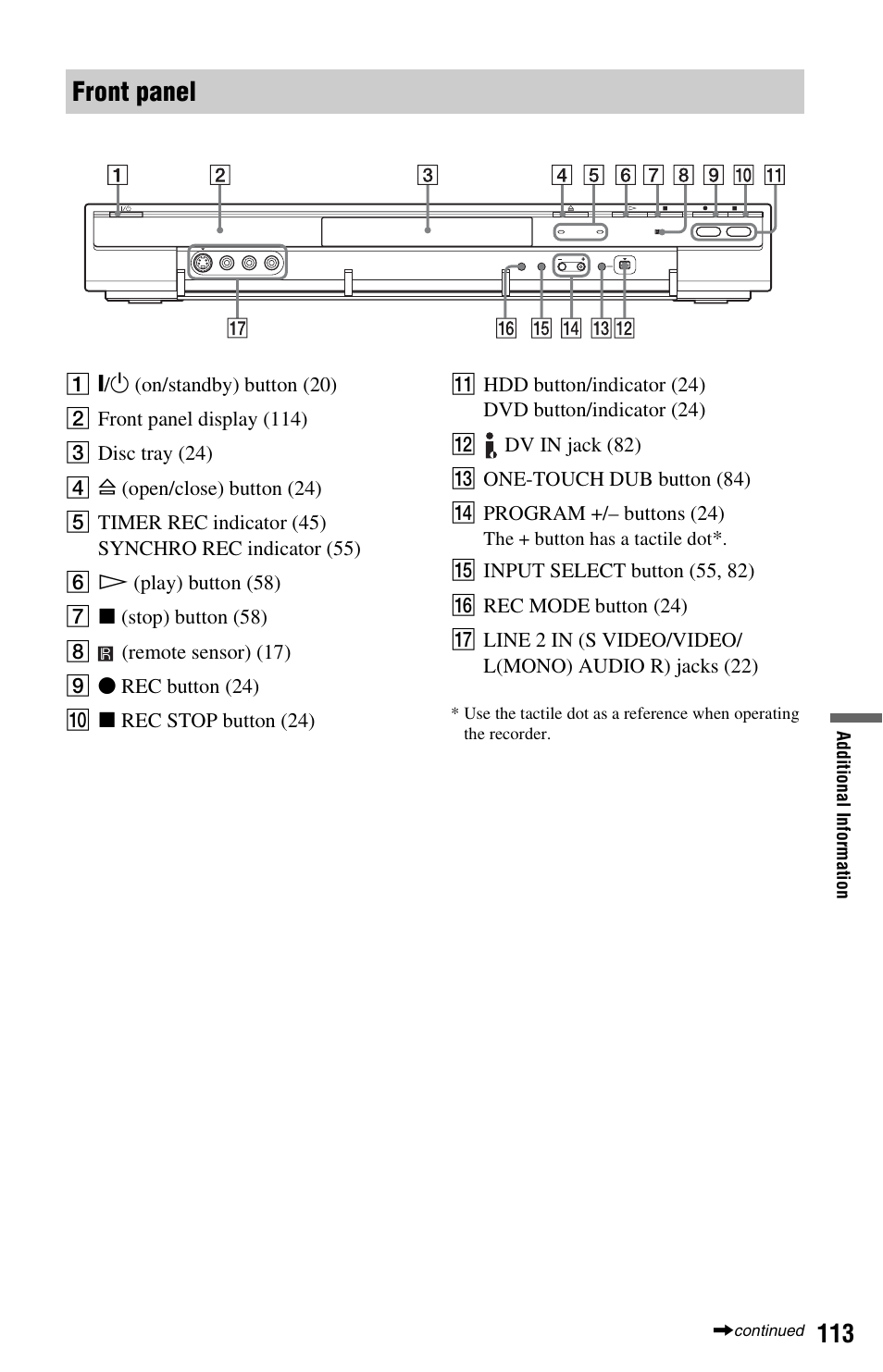 Front panel | Sony RDR-HXD562 User Manual | Page 113 / 120