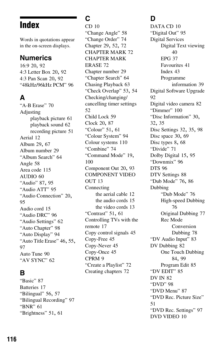 Index, Numerics | Sony RDR-HXD562 User Manual | Page 116 / 120