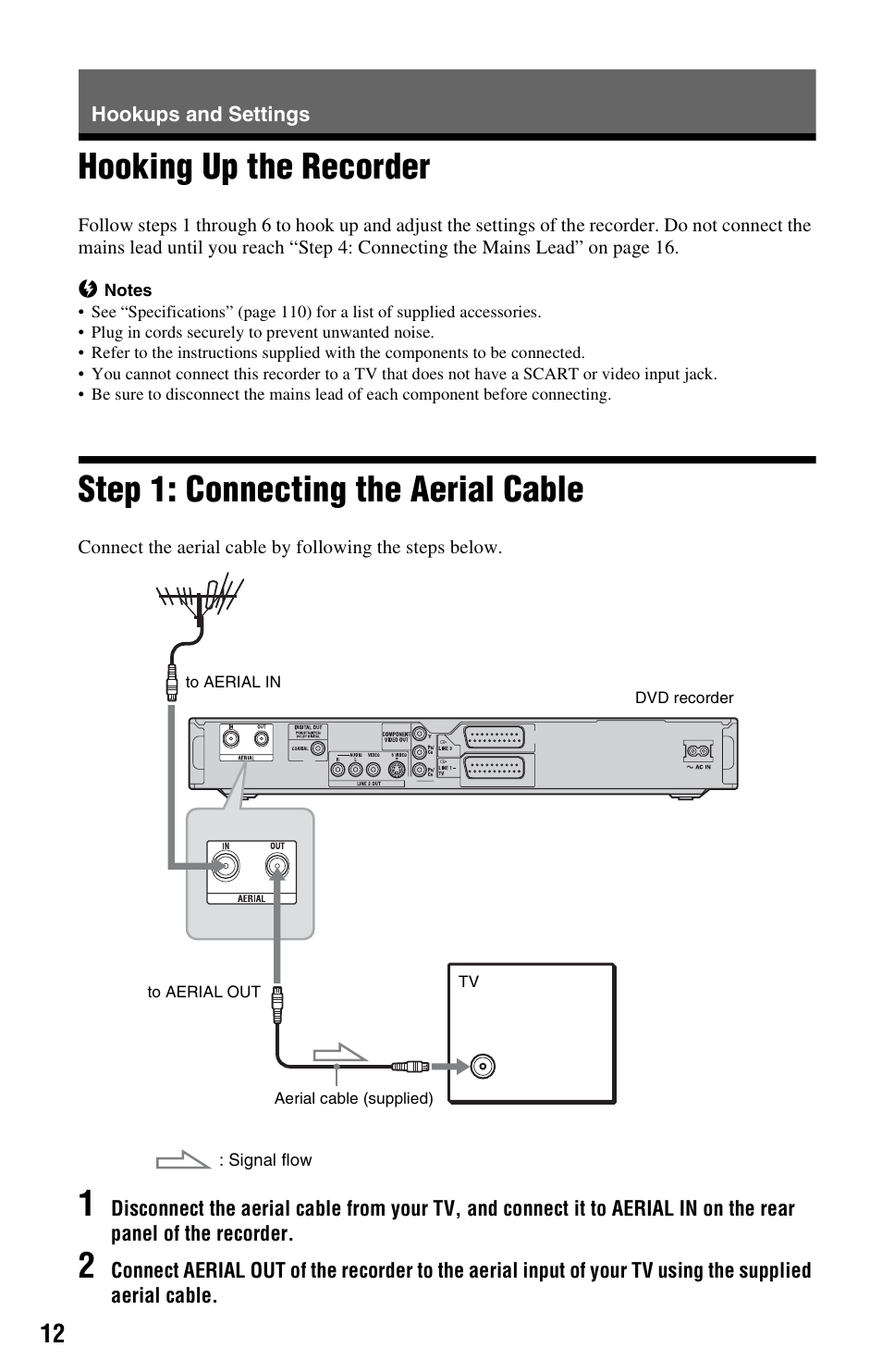 Hookups and settings, Hooking up the recorder, Step 1: connecting the aerial cable | Sony RDR-HXD562 User Manual | Page 12 / 120