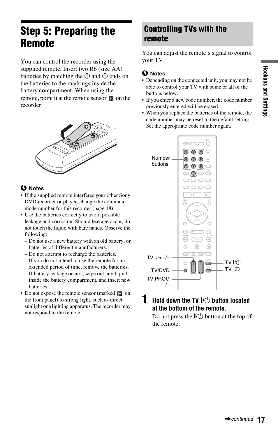 Step 5: preparing the remote, Controlling tvs with the remote | Sony RDR-HXD562 User Manual | Page 17 / 120