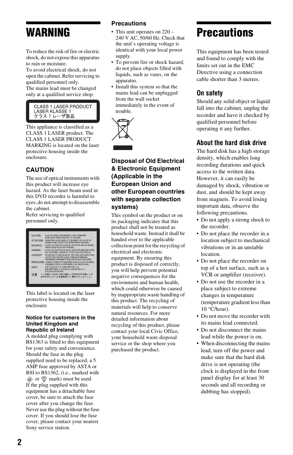 Warning, Precautions | Sony RDR-HXD562 User Manual | Page 2 / 120