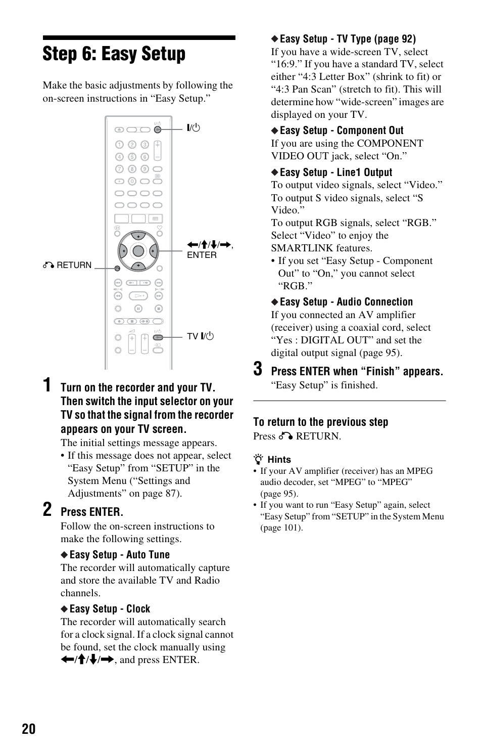 Step 6: easy setup | Sony RDR-HXD562 User Manual | Page 20 / 120
