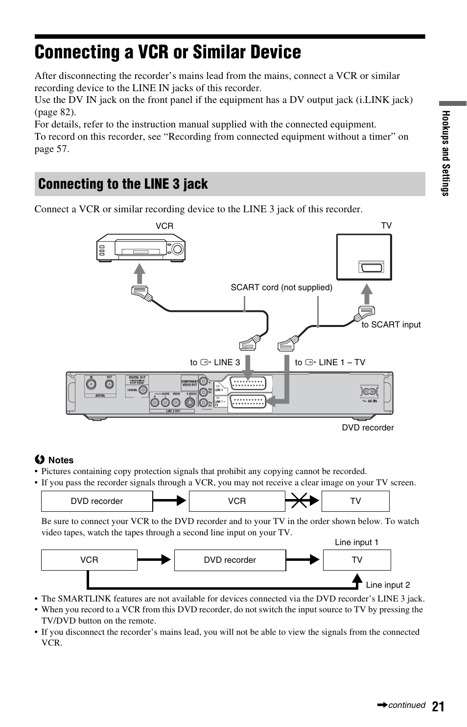 Connecting a vcr or similar device, Connecting to the line 3 jack | Sony RDR-HXD562 User Manual | Page 21 / 120