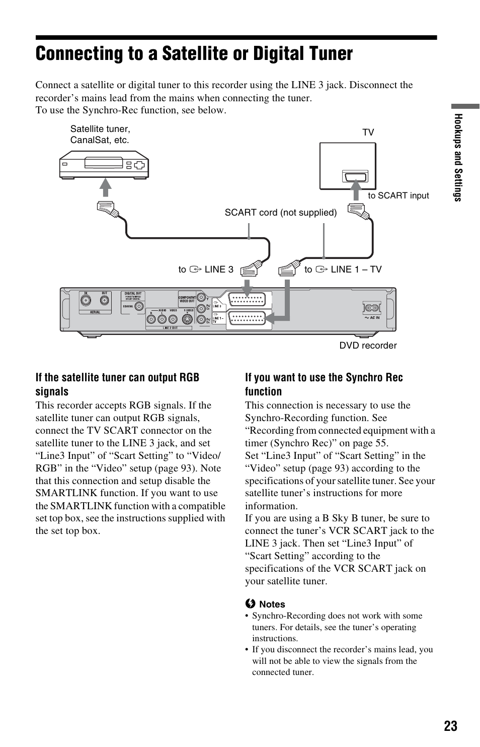 Connecting to a satellite or digital tuner | Sony RDR-HXD562 User Manual | Page 23 / 120
