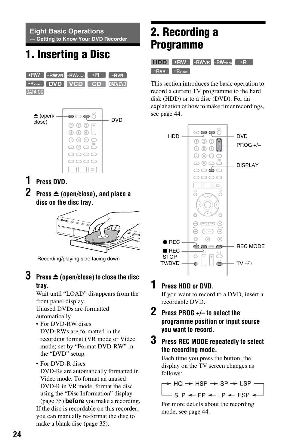 Inserting a disc, Recording a programme, Inserting a disc 2. recording a programme | Eight basic operations, Inserting a disc 1 | Sony RDR-HXD562 User Manual | Page 24 / 120