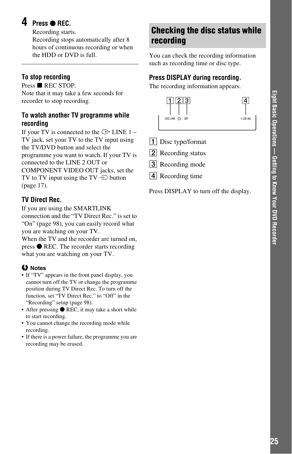 Checking the disc status while recording | Sony RDR-HXD562 User Manual | Page 25 / 120