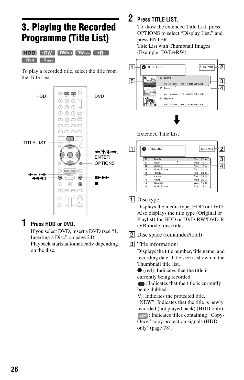 Playing the recorded programme (title list) | Sony RDR-HXD562 User Manual | Page 26 / 120