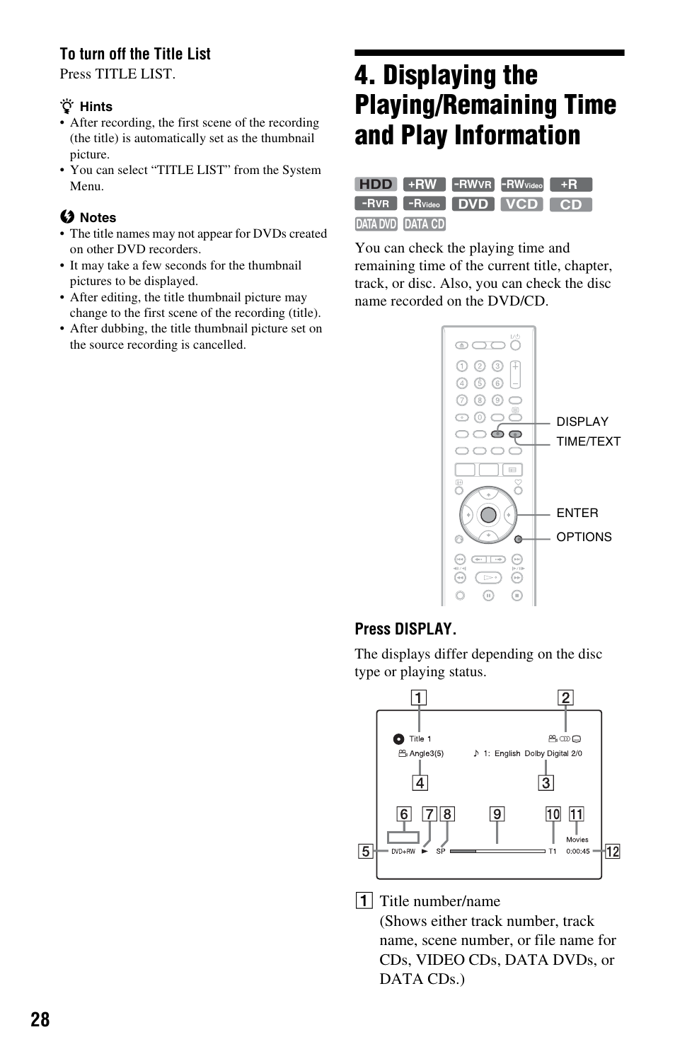 Press display | Sony RDR-HXD562 User Manual | Page 28 / 120