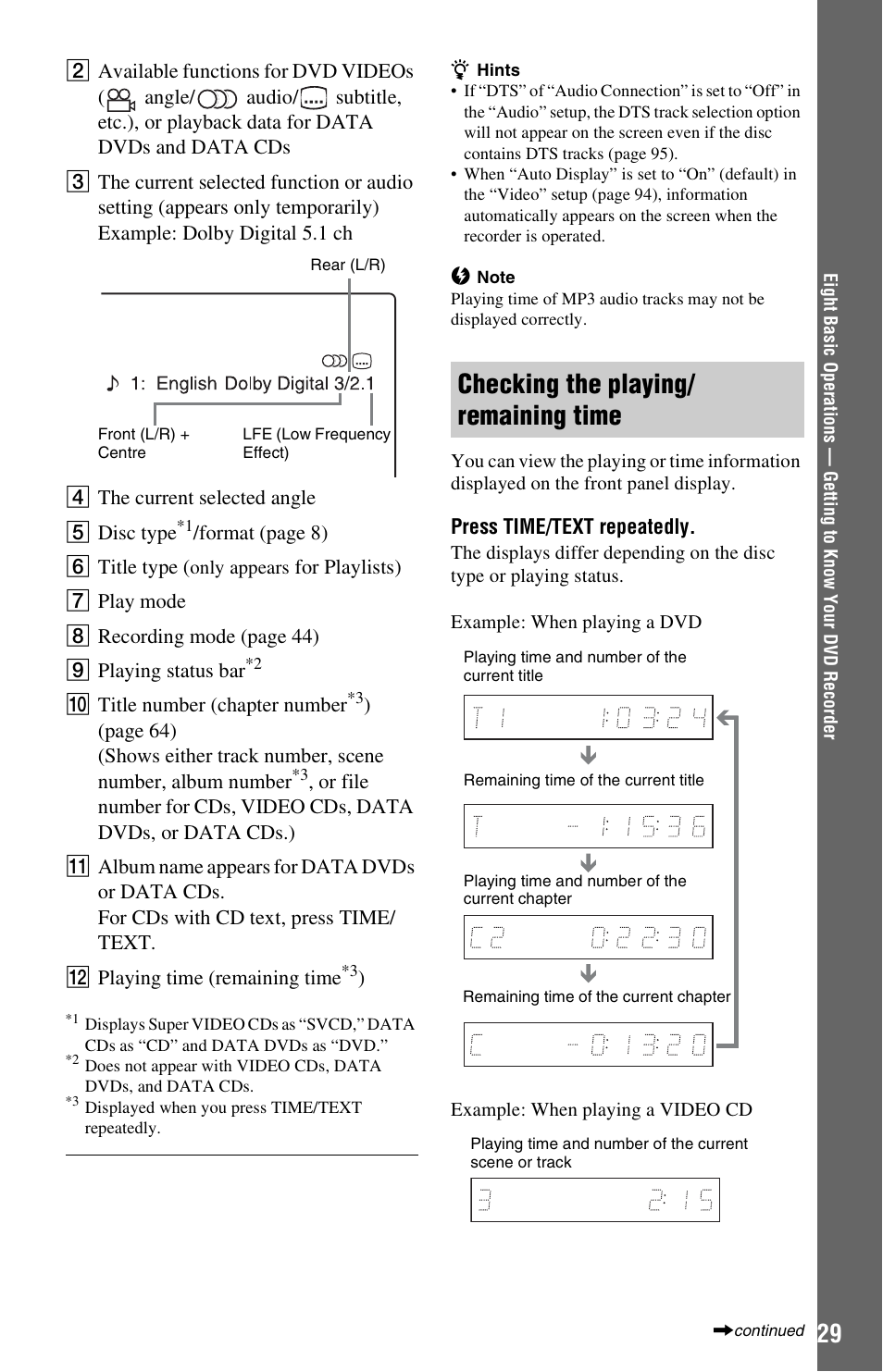 Checking the playing/remaining time, Checking the playing/ remaining time | Sony RDR-HXD562 User Manual | Page 29 / 120