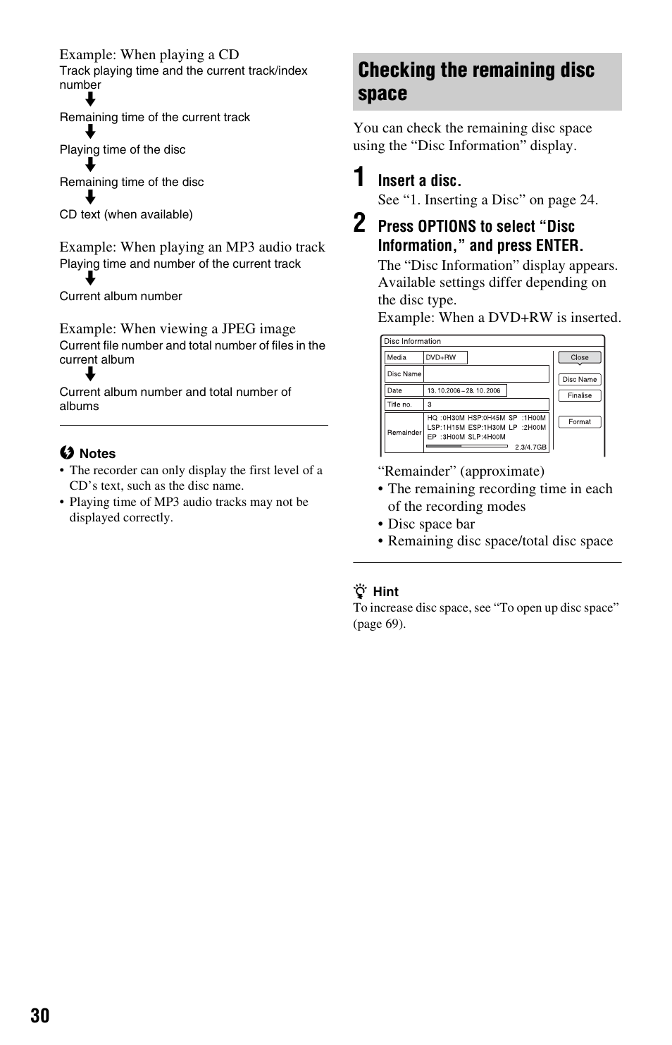 Checking the remaining disc space | Sony RDR-HXD562 User Manual | Page 30 / 120