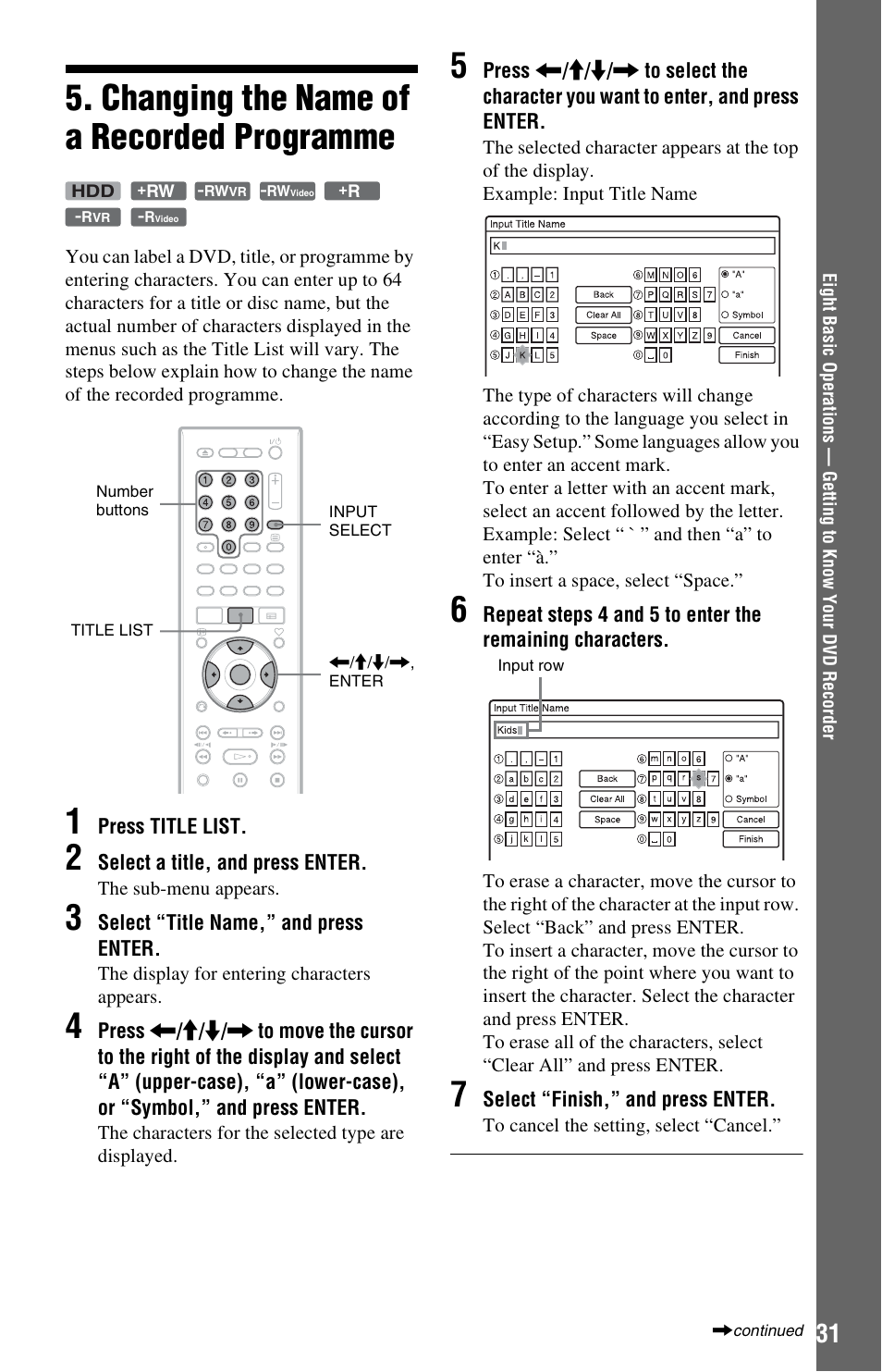 Changing the name of a recorded programme | Sony RDR-HXD562 User Manual | Page 31 / 120