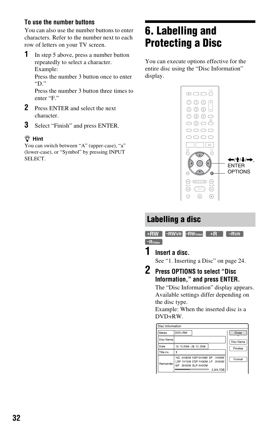 Labelling and protecting a disc, Labelling a disc | Sony RDR-HXD562 User Manual | Page 32 / 120