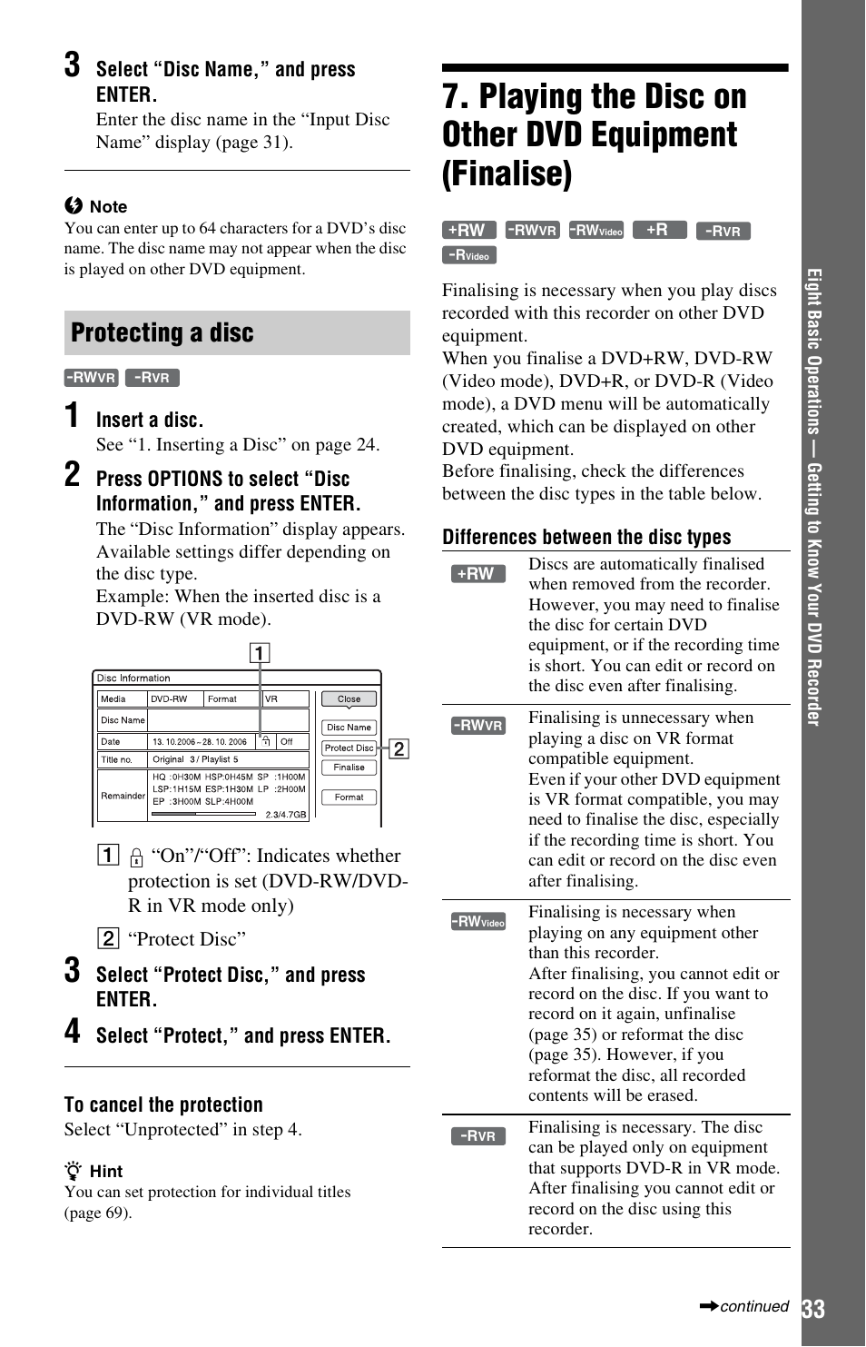 Protecting a disc, Playing the disc on other dvd equipment (finalise) | Sony RDR-HXD562 User Manual | Page 33 / 120