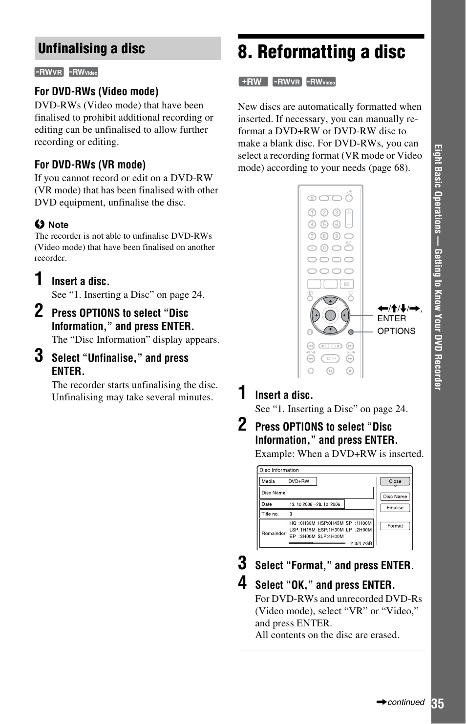 Unfinalising a disc, Reformatting a disc | Sony RDR-HXD562 User Manual | Page 35 / 120