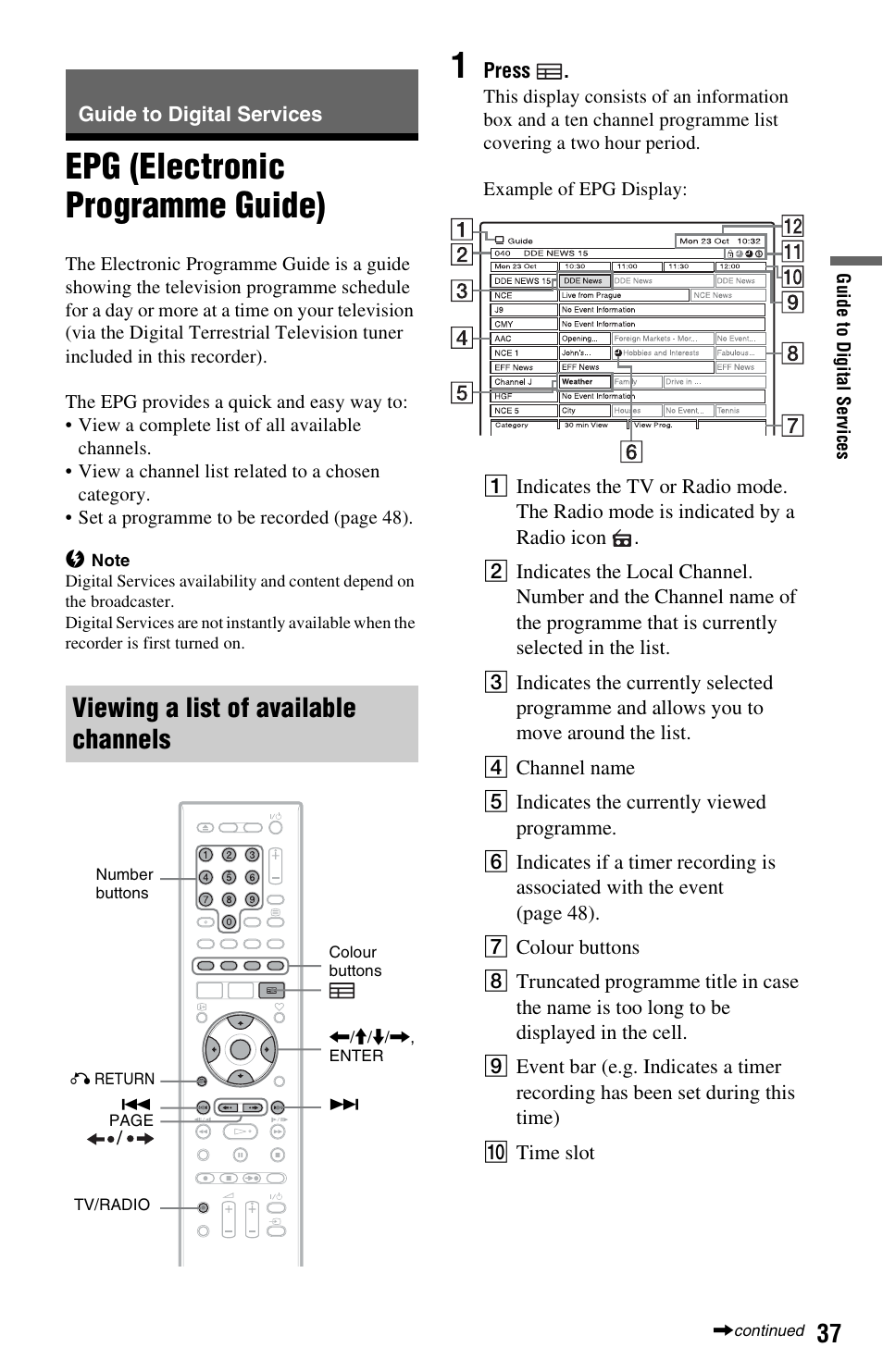 Guide to digital services, Epg (electronic programme guide), Viewing a list of available channels | Sony RDR-HXD562 User Manual | Page 37 / 120
