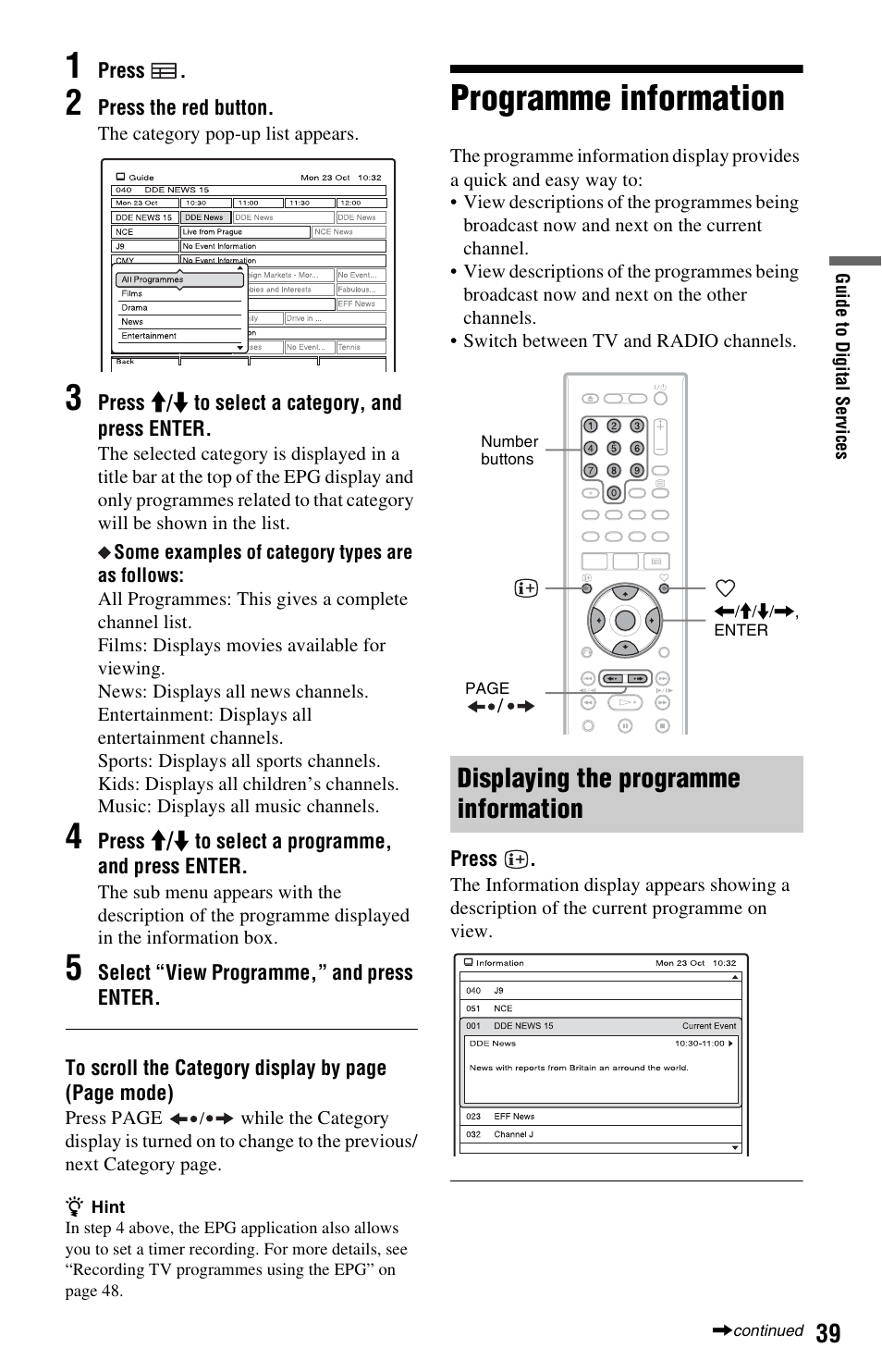 Programme information, Displaying the programme information | Sony RDR-HXD562 User Manual | Page 39 / 120