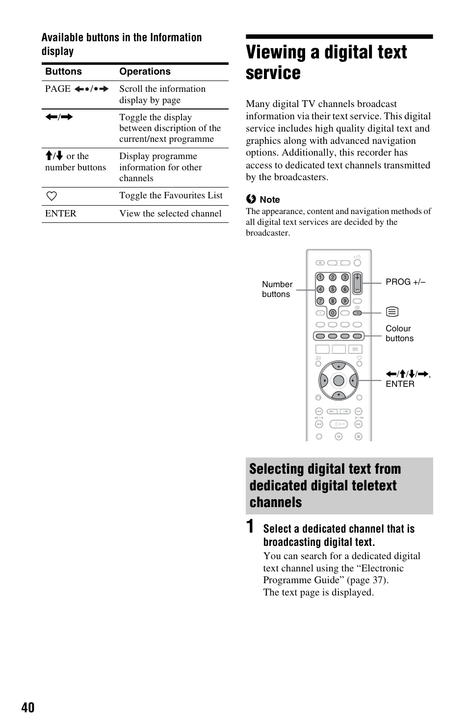 Viewing a digital text service | Sony RDR-HXD562 User Manual | Page 40 / 120