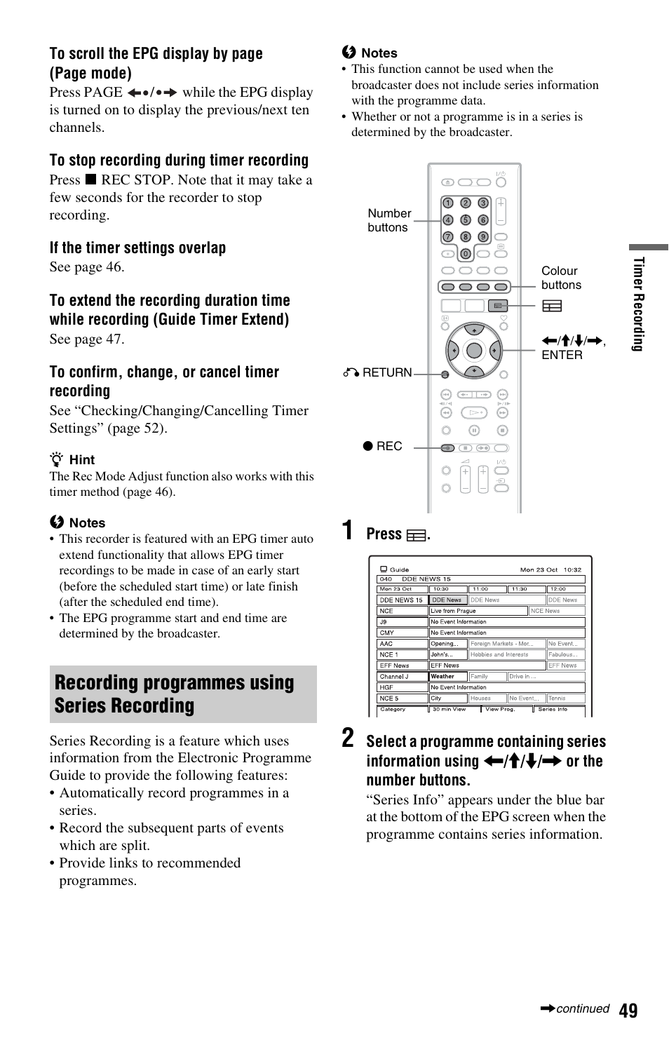 Recording programmes using series recording | Sony RDR-HXD562 User Manual | Page 49 / 120