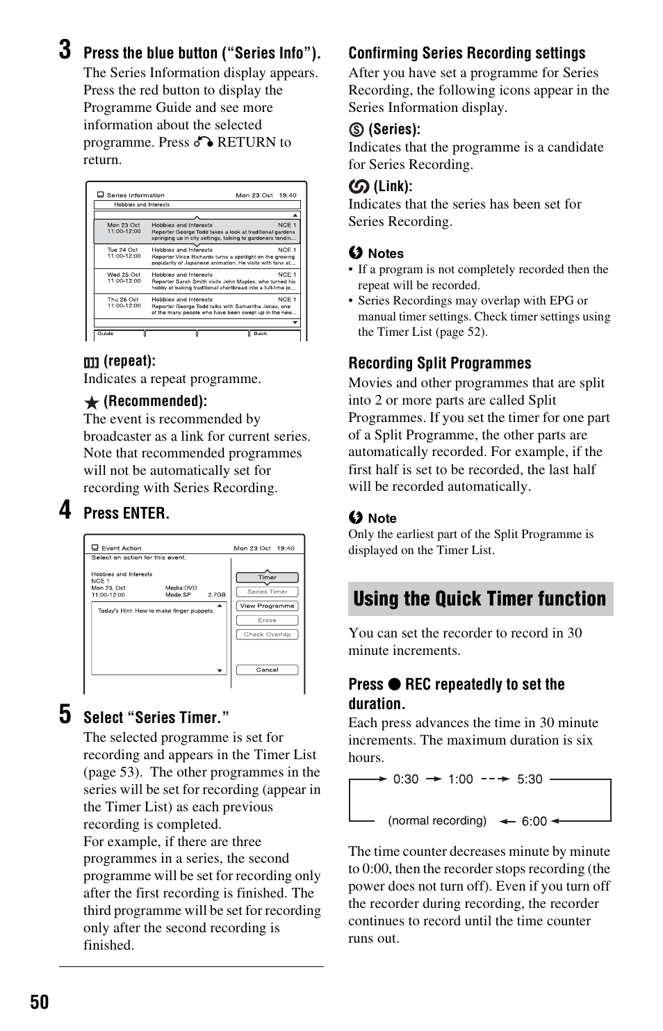 Using the quick timer function | Sony RDR-HXD562 User Manual | Page 50 / 120