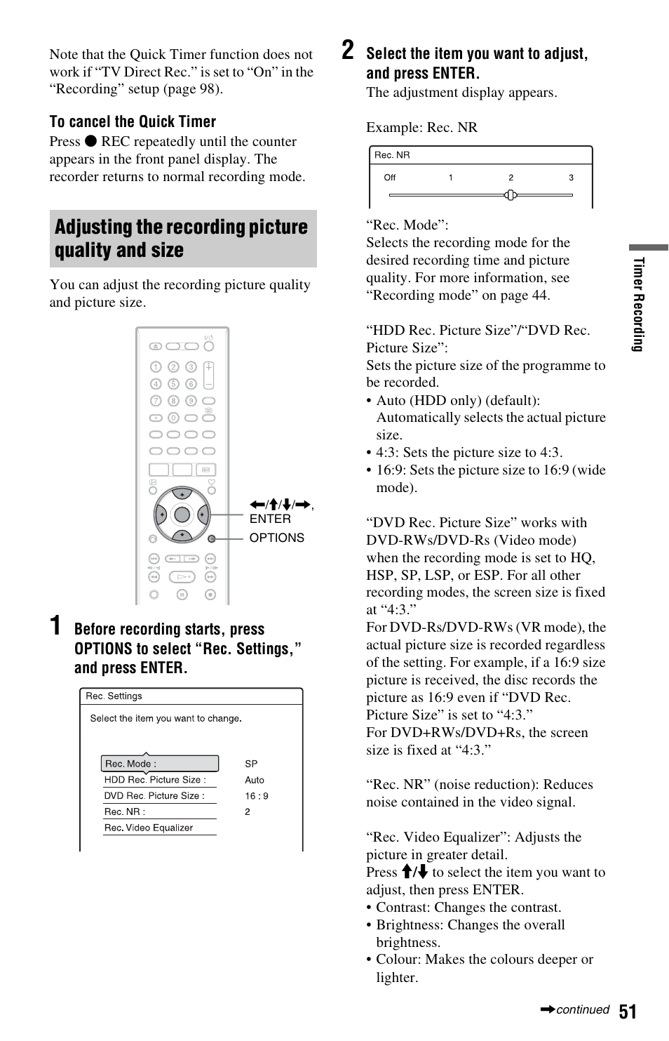 Adjusting the recording picture quality and size | Sony RDR-HXD562 User Manual | Page 51 / 120