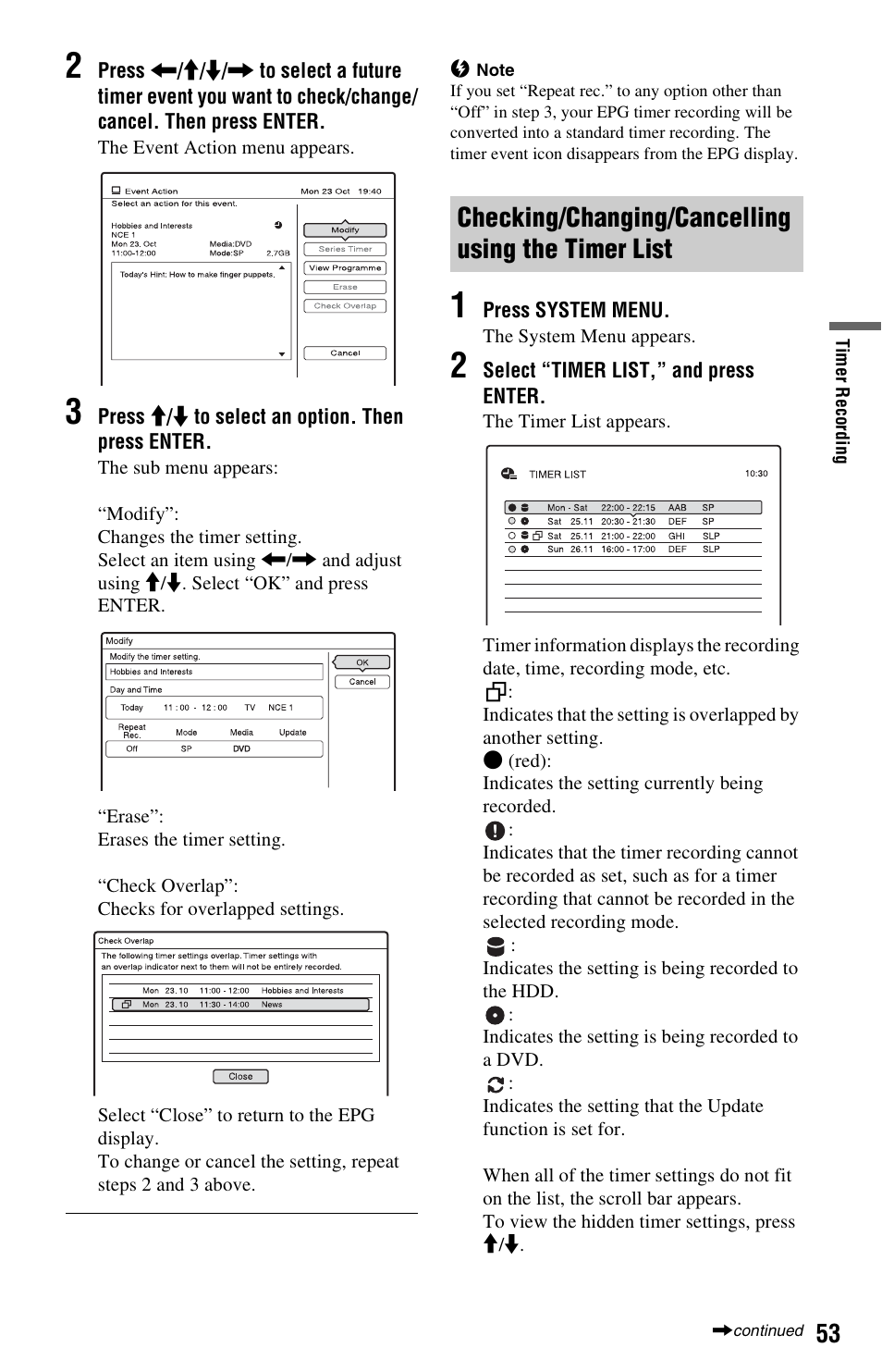 Checking/changing/cancelling using the timer list | Sony RDR-HXD562 User Manual | Page 53 / 120