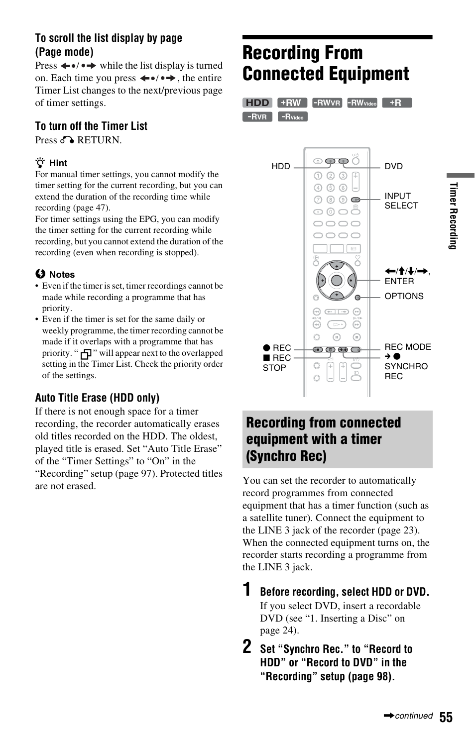 Recording from connected equipment | Sony RDR-HXD562 User Manual | Page 55 / 120