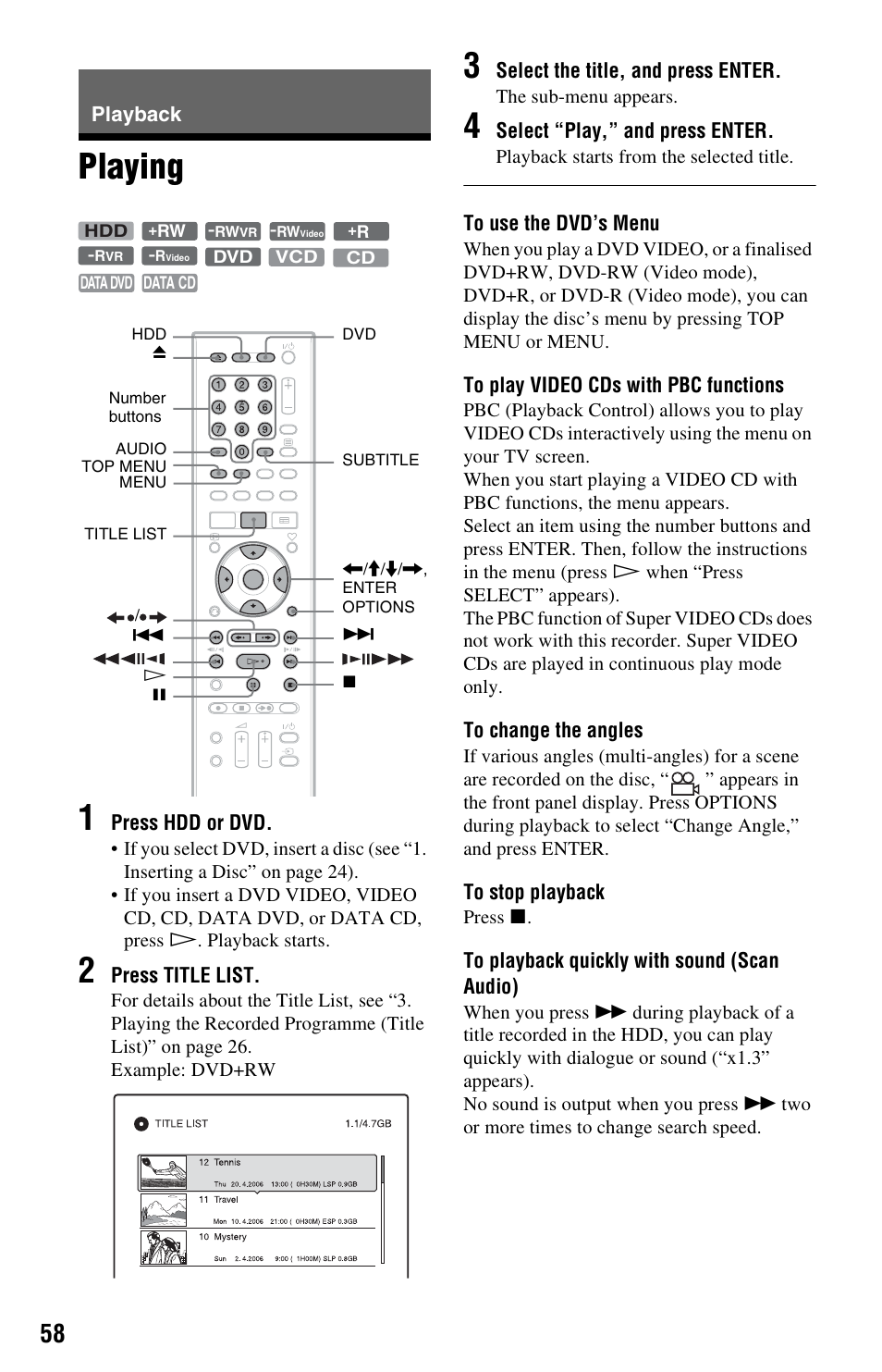 Playback, Playing, Playing 1 | Sony RDR-HXD562 User Manual | Page 58 / 120