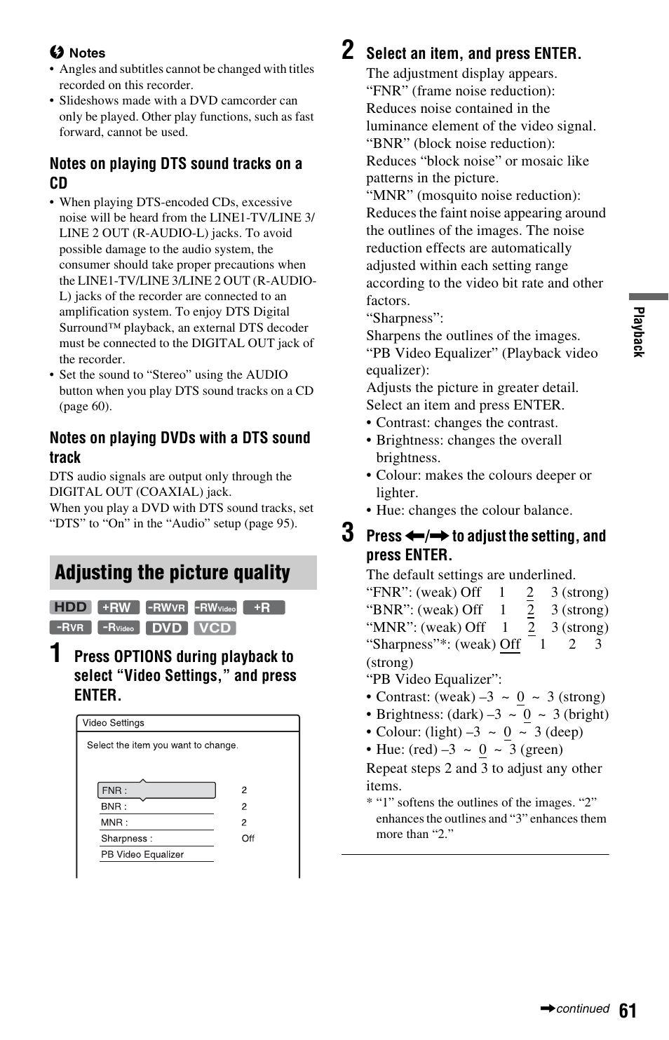 Adjusting the picture quality | Sony RDR-HXD562 User Manual | Page 61 / 120