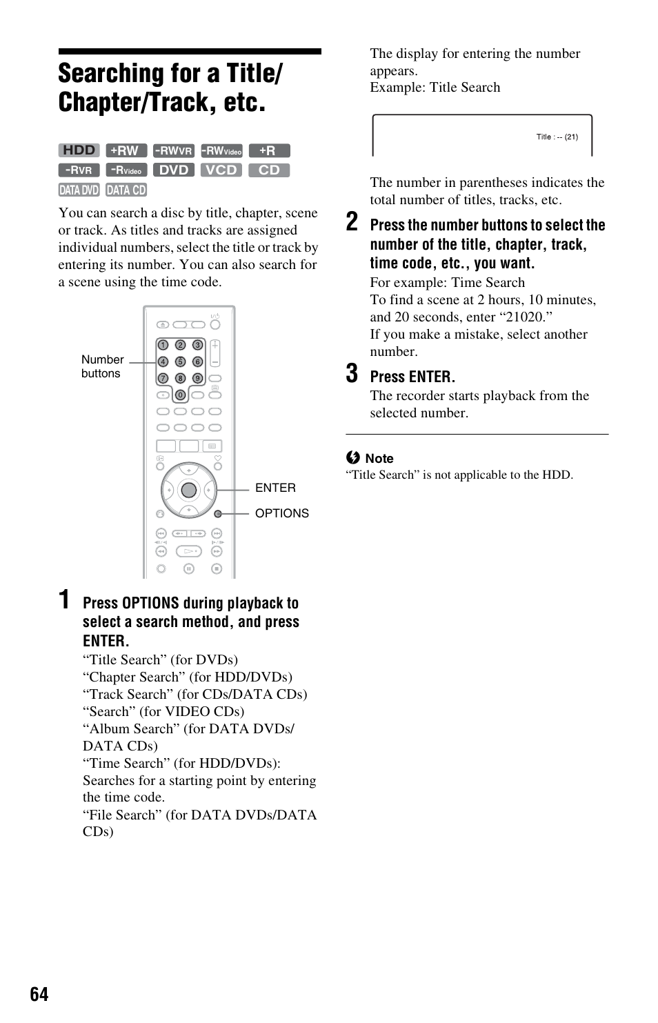 Searching for a title/chapter/track, etc, Searching for a title/ chapter/track, etc | Sony RDR-HXD562 User Manual | Page 64 / 120