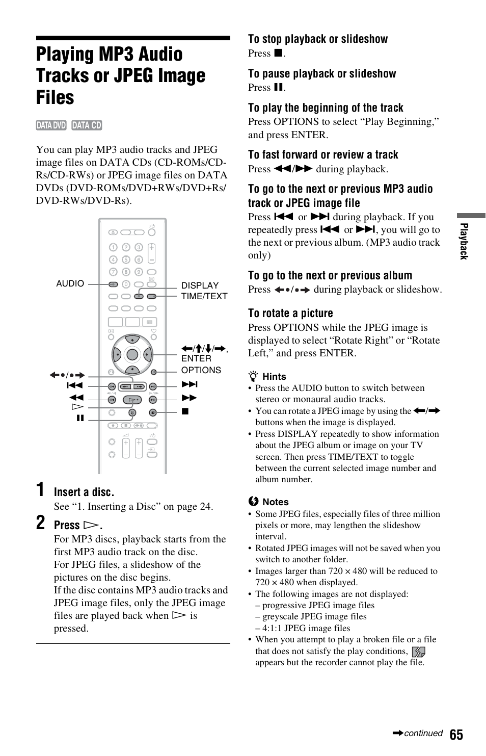 Playing mp3 audio tracks or jpeg image files | Sony RDR-HXD562 User Manual | Page 65 / 120