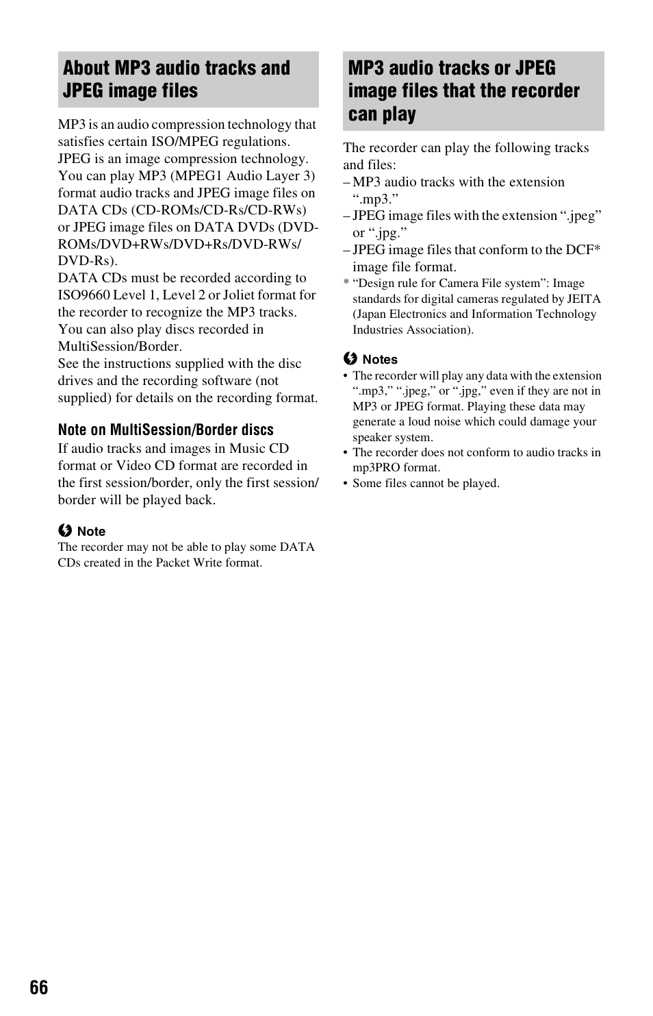 About mp3 audio tracks and jpeg image files | Sony RDR-HXD562 User Manual | Page 66 / 120