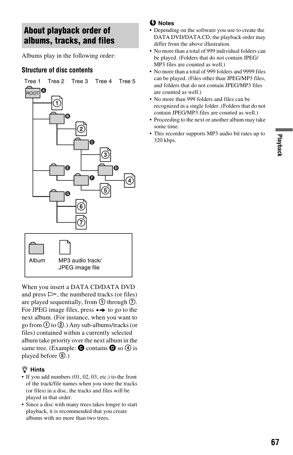 About playback order of albums, tracks, and files | Sony RDR-HXD562 User Manual | Page 67 / 120