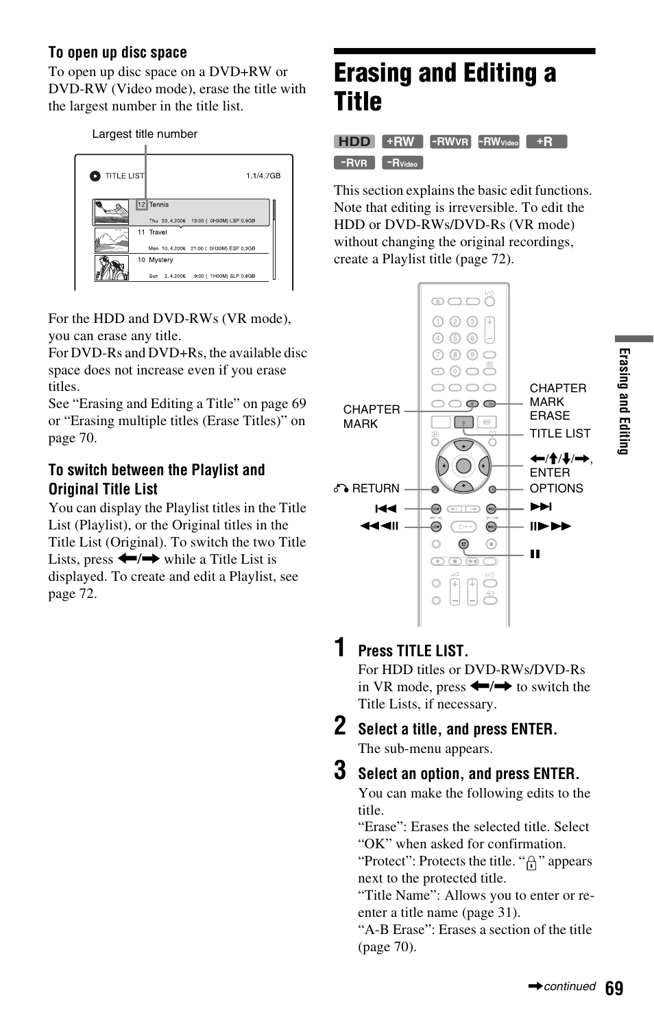 Erasing and editing a title | Sony RDR-HXD562 User Manual | Page 69 / 120