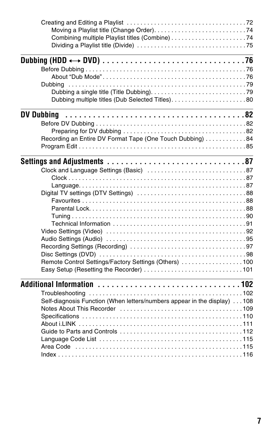 Dubbing (hdd y dvd), Dv dubbing, Settings and adjustments | Additional information | Sony RDR-HXD562 User Manual | Page 7 / 120