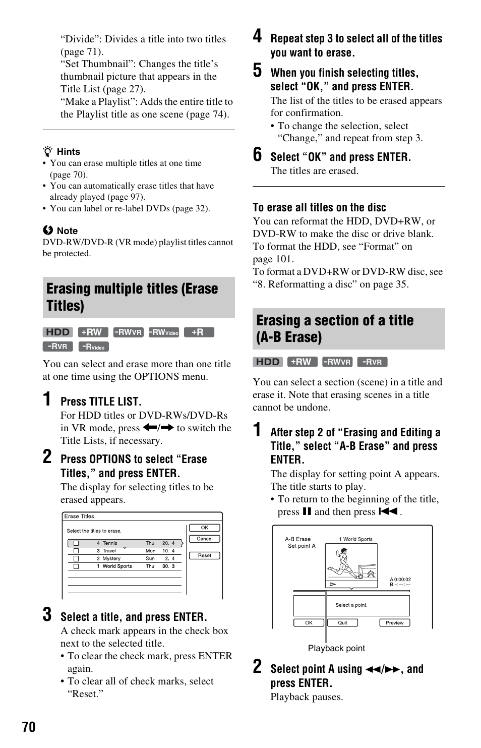 Erasing multiple titles (erase titles), Erasing a section of a title (a-b erase) | Sony RDR-HXD562 User Manual | Page 70 / 120