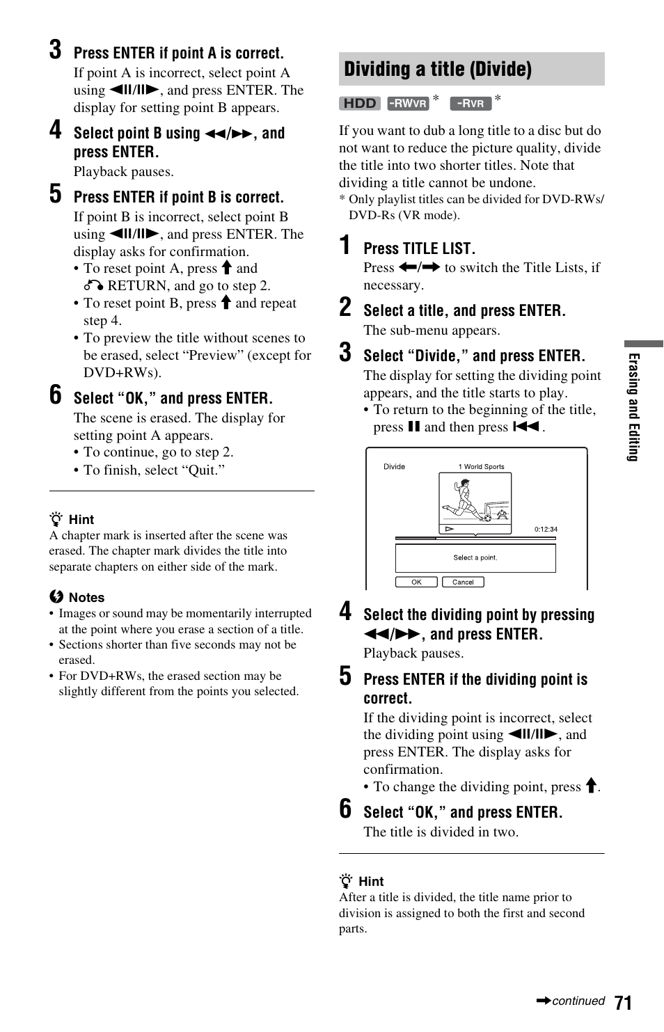 Dividing a title (divide) | Sony RDR-HXD562 User Manual | Page 71 / 120