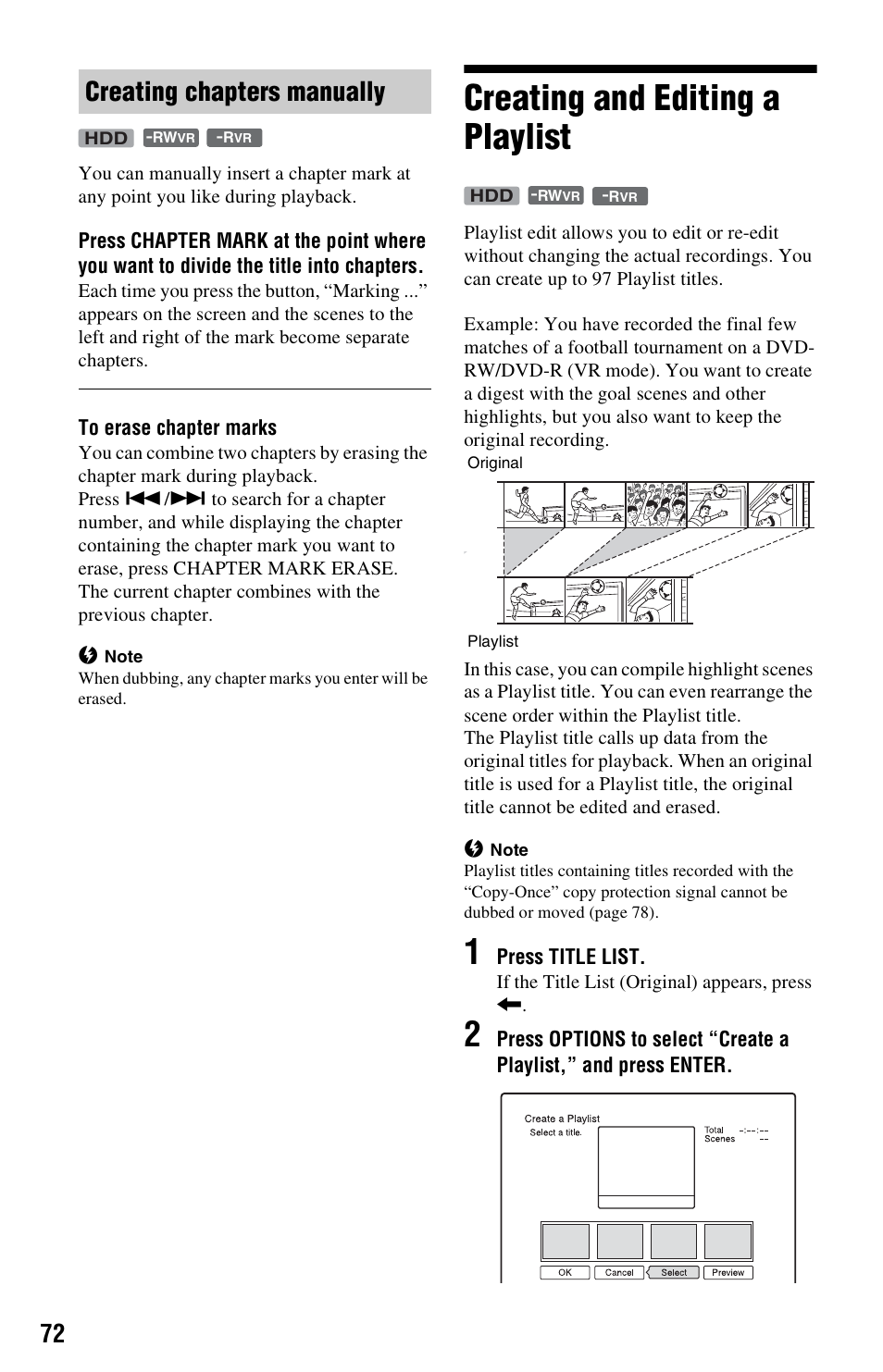 Creating chapters manually, Creating and editing a playlist | Sony RDR-HXD562 User Manual | Page 72 / 120