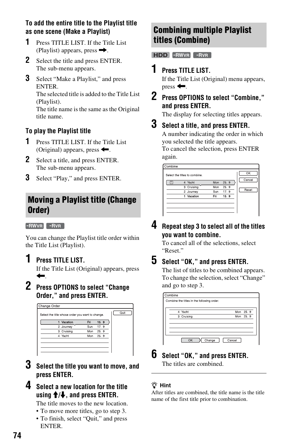 Moving a playlist title (change order), Combining multiple playlist titles (combine) | Sony RDR-HXD562 User Manual | Page 74 / 120