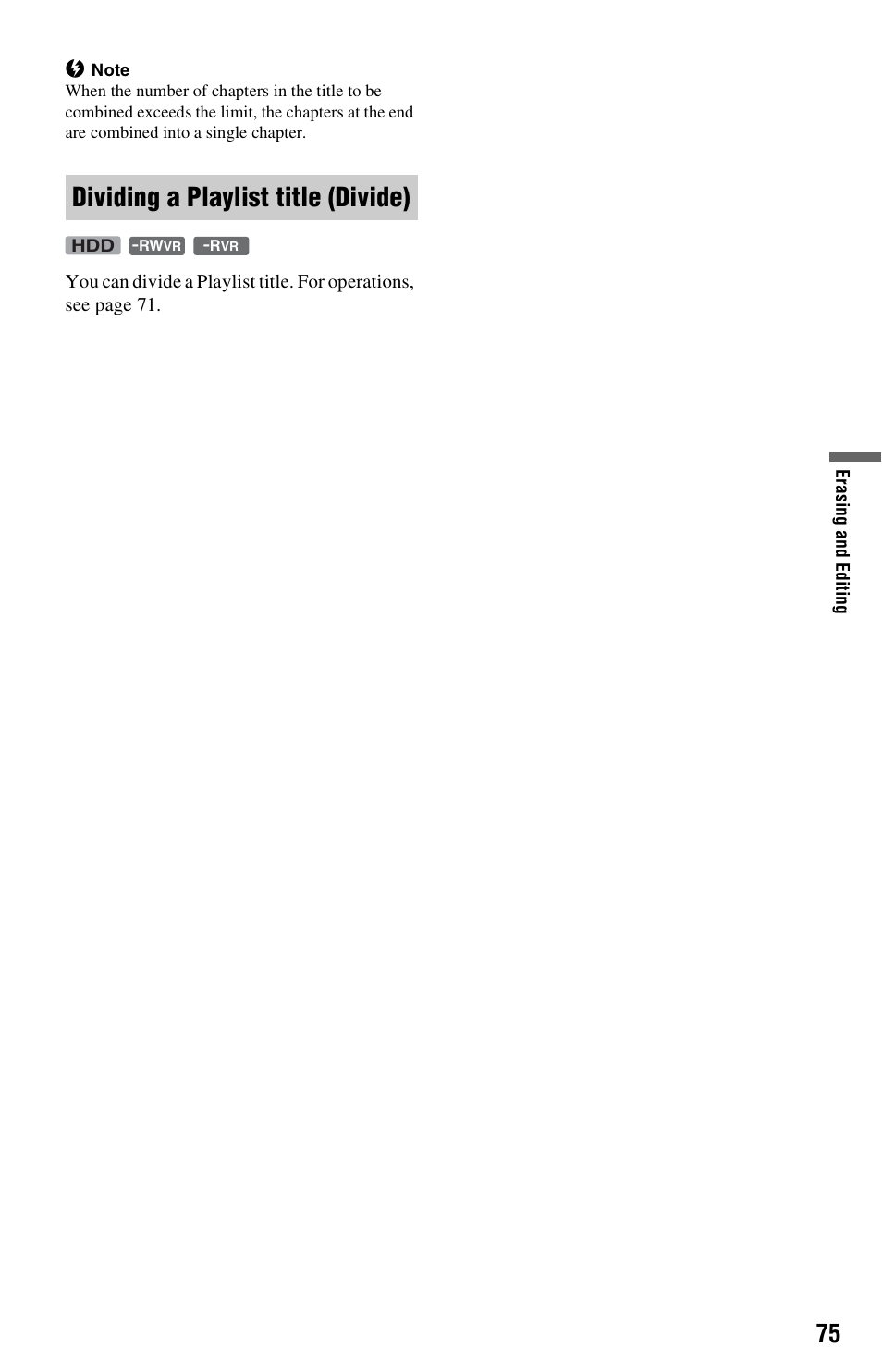 Dividing a playlist title (divide) | Sony RDR-HXD562 User Manual | Page 75 / 120
