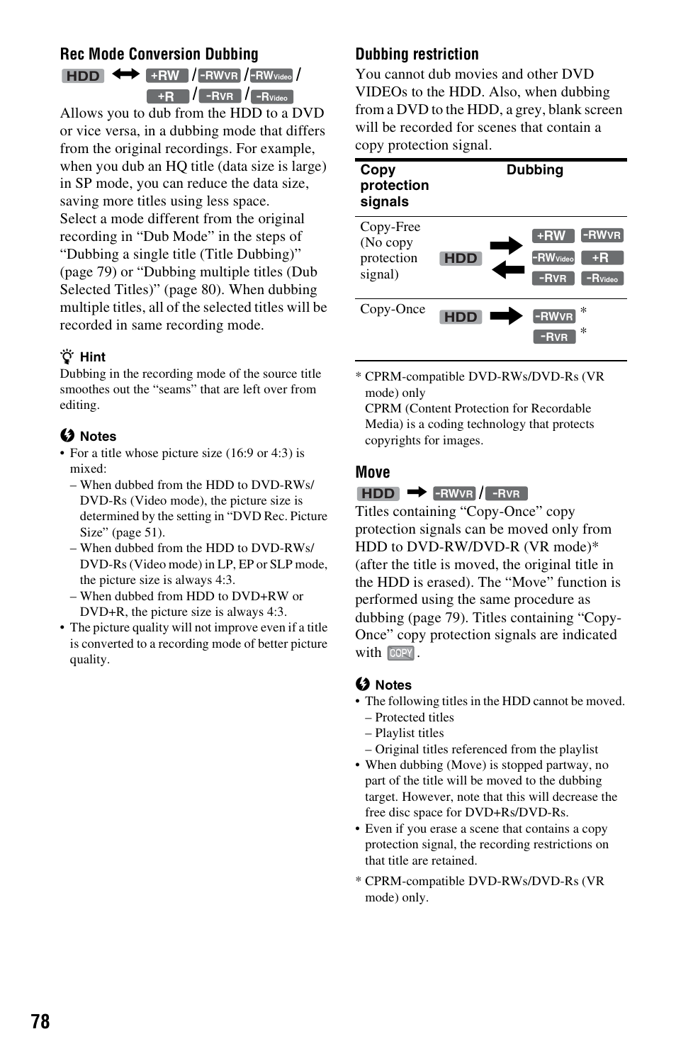 Rec mode conversion dubbing n, Dubbing restriction, Move | Sony RDR-HXD562 User Manual | Page 78 / 120