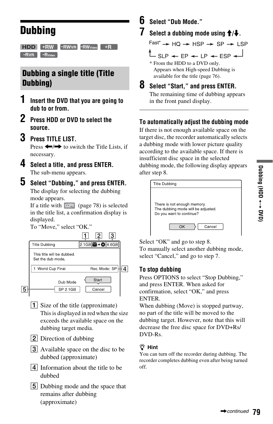 Dubbing, Dubbing a single title (title dubbing), Dubbing 1 | Sony RDR-HXD562 User Manual | Page 79 / 120