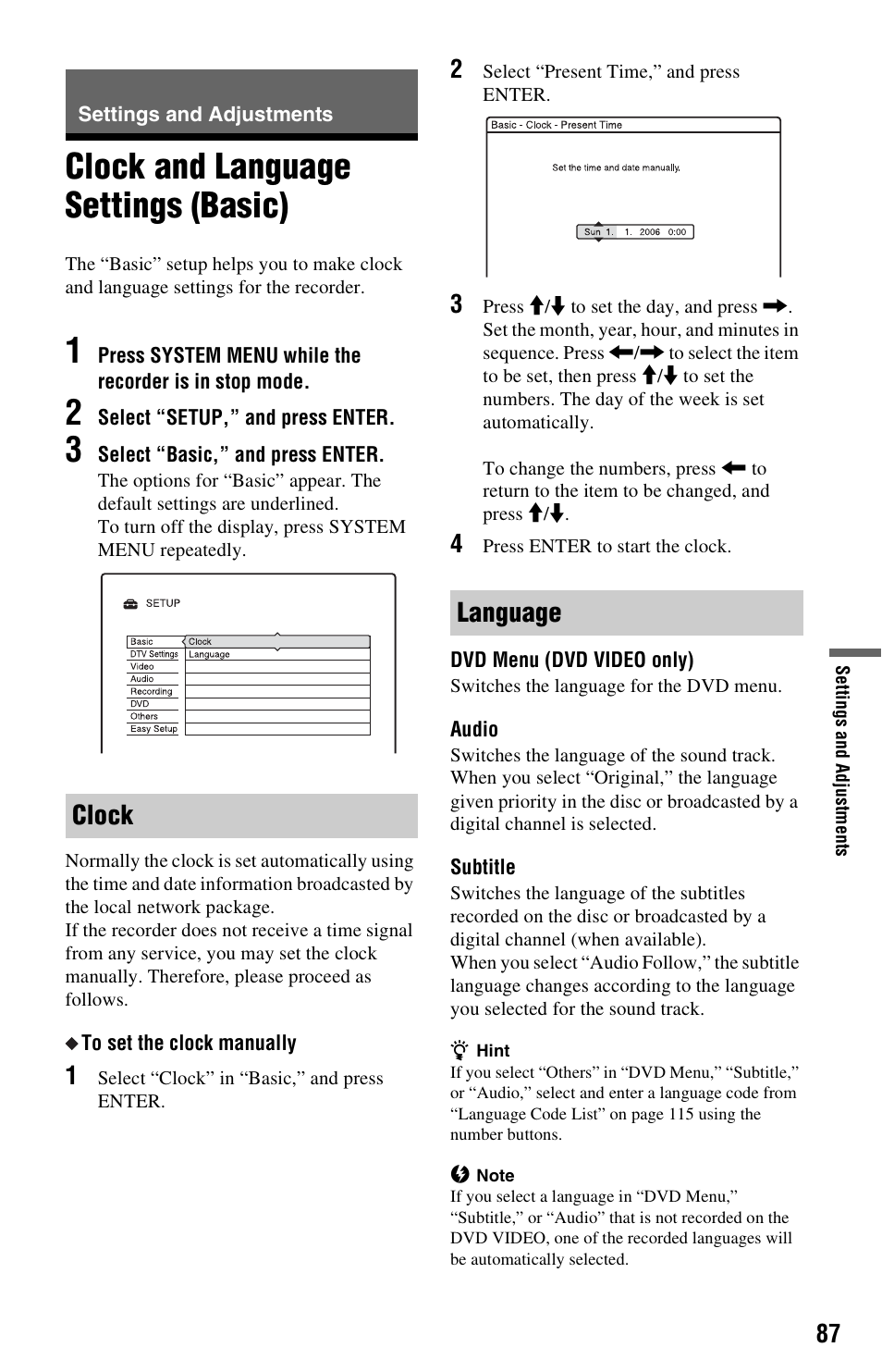 Settings and adjustments, Clock and language settings (basic), Clock | Language, Clock language | Sony RDR-HXD562 User Manual | Page 87 / 120