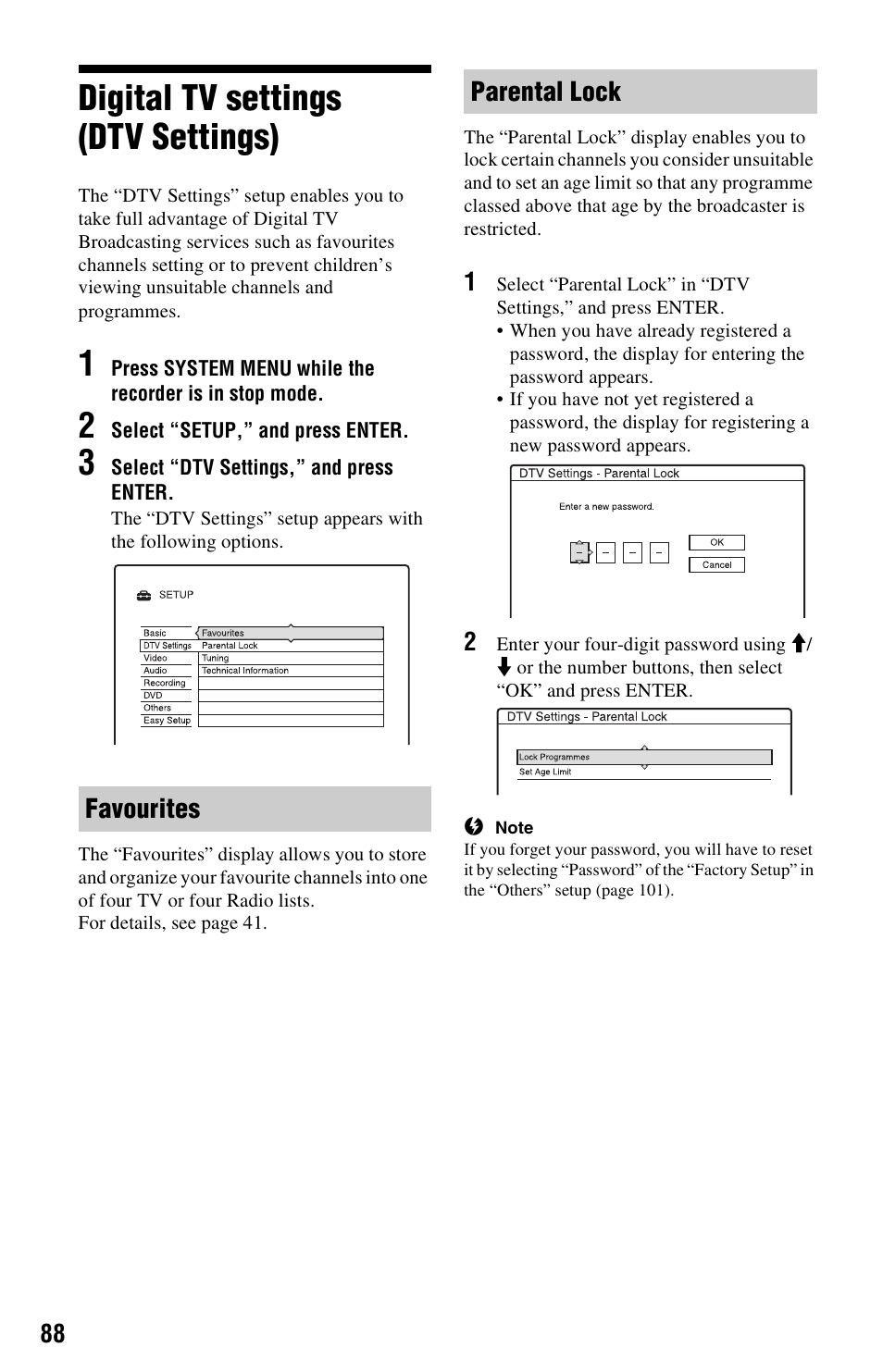 Digital tv settings (dtv settings), Favourites, Parental lock | Favourites parental lock | Sony RDR-HXD562 User Manual | Page 88 / 120